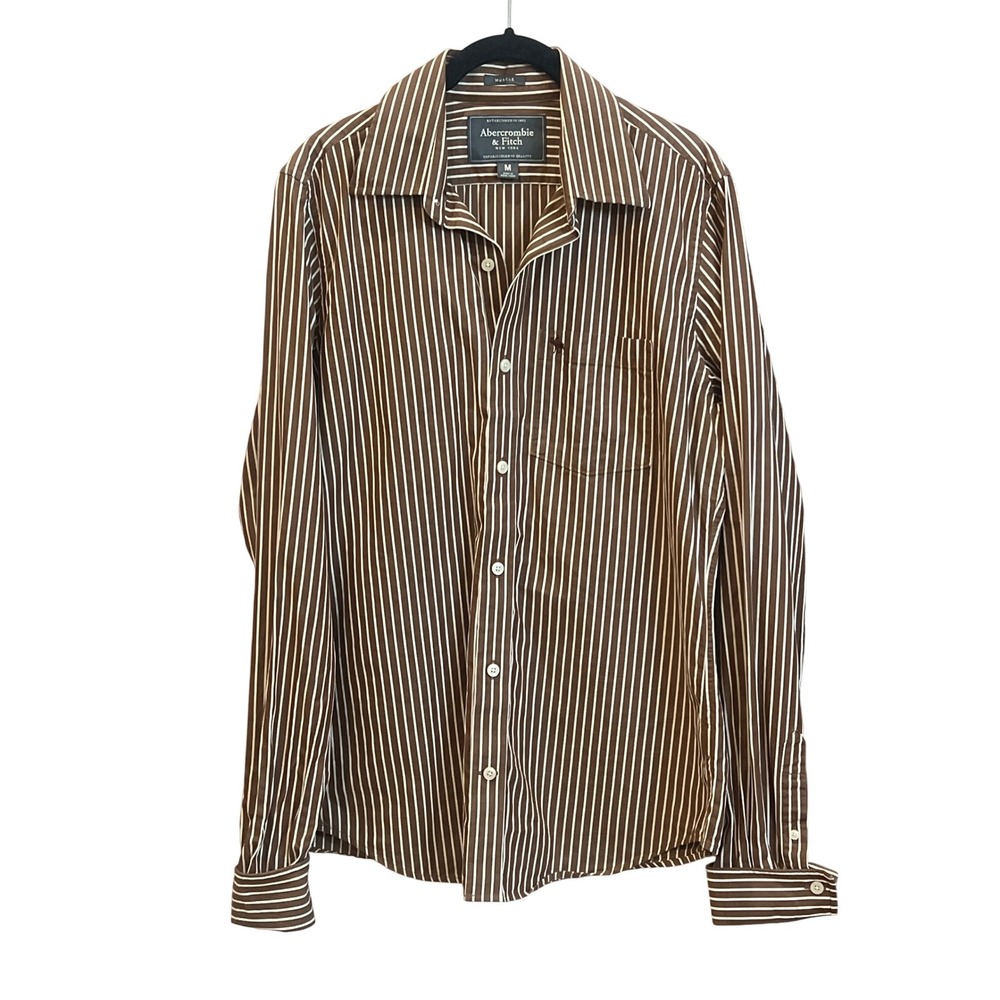 Abercrombie Fitch Vintage 90's Brown White Stripe Button Down Shirt Muscle Fit M